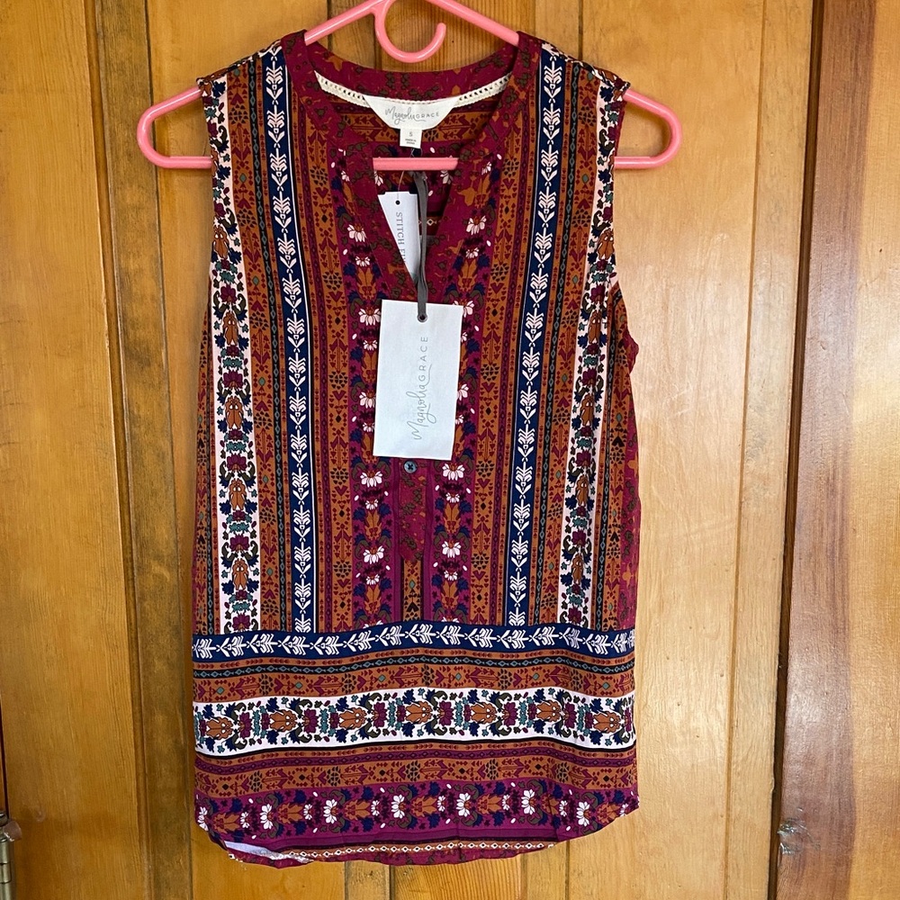 Myra Grace Burgundy Multi Boho Stripe V-Notch Tank Top